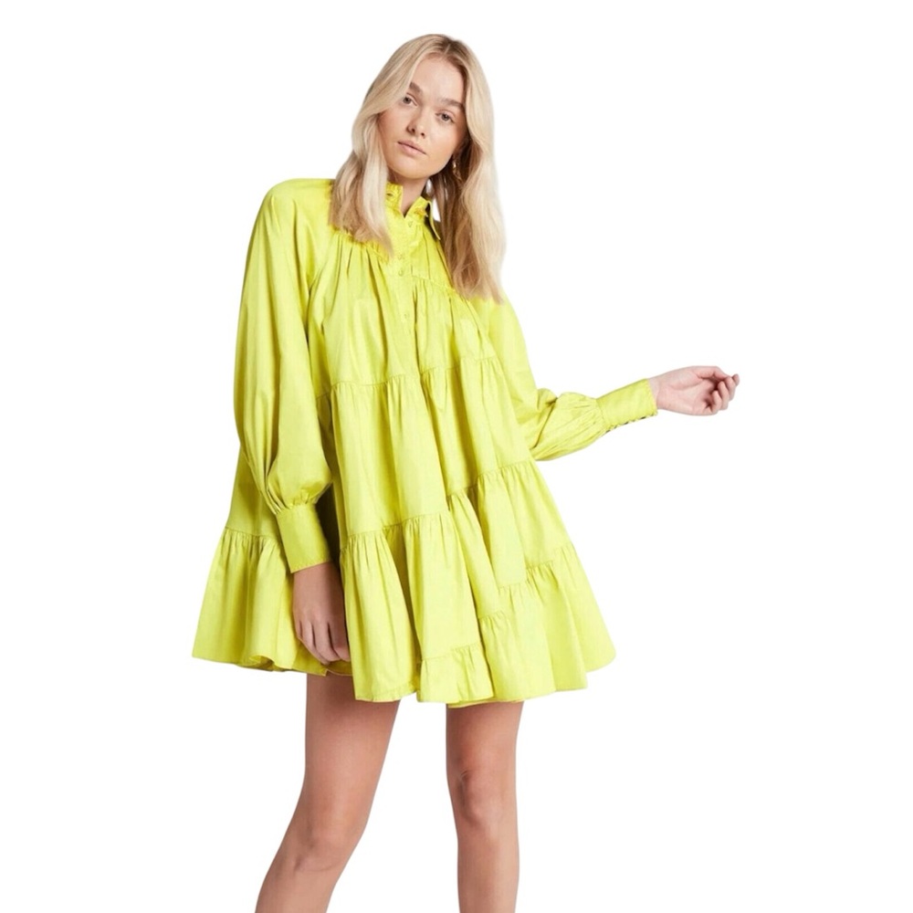 Aje Neon Lime Tiered Long Sleeve Mini Dress